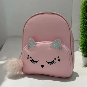 Kız Çocuk Sırt Çantası Pembe Renk Kedi Desenli Simli Kulaklı Yıldızlı Ponponlu Sevimli Hayvan Desenli