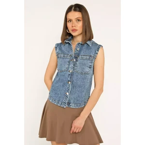 Çift Cepli Kadın Jean Kot Yelek