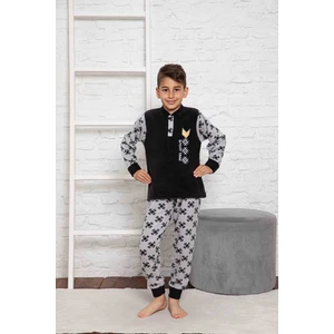 Mutlu City Yeni Sezon Sonbahar/kış Erkek Çocuk Gez Garson Polar Pamuk Desenli Pijama Takımı 3024-SIYAH