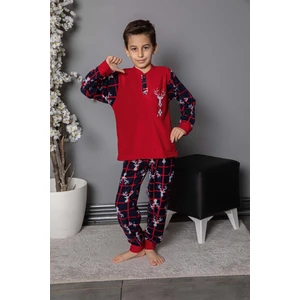 Erkek Çocuk Gez Garson Boy Geyik Desenli Pamuklu Kışlık Kalın Polar Pijama Takımı 2691-KIRMIZI