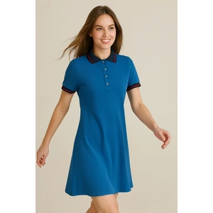 Kadın Polo Yaka Kısa Kol Elbise Saks Mavi