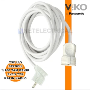 Tekli Seyyar Uzatma Kablosu - 1 Metre 3x2.5 Ttr Kalın Beyaz Kablo | Yan Erkek Fiş