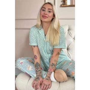 Mint Macoron Desenli Kısa Kol Önden Düğmeli Kadın Pijama Takımı
