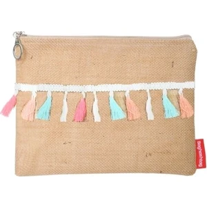 Fosforlu Renkli Pon Pon Püsküllü Jüt Clutch Bez Çanta
