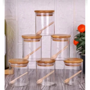 6’lı Kaşıklı Bambu Kapaklı Borosilikat Cam 250 ml Baharatlık Seti Baharatlık Takımı