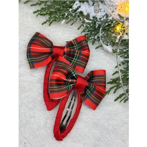 2'li Kırmızı Ekoseli Yılbaşı El Yapımı Çıtçıt Toka Seti