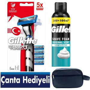 Mach3 Turbo 3d Makine + 5 Adet Yedek Tıraş Bıçağı + 250 Ml Gillette Köpük+ Seyahat Çantası