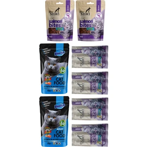 New Story Cat Salmon 4-Sticks Kedi Ödül Çubuğu, 2-Bites Taneli Mama, Bonisa 2-Punch