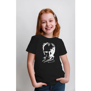 Kız Çocuk Atatürk Baskılı Pamuklu Bisiklet Yaka Kısa Kollu T-Shirt