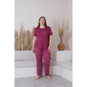 Kadın Milan Kumaş Büyük Beden Curve Baskılı Desenli Kısa Kollu Bambu Pijama Takımı