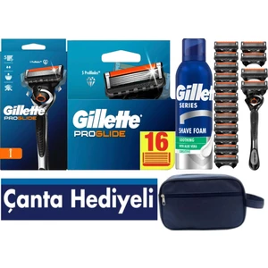 Proglide 1 Makine + Gillette Proglide 16 Adet Yedek Tıraş Bıçağı + Gillette Tıraş Köpüğü 200 ml + Seyahat Çantası