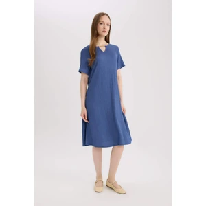 Regular Fit Apaş Yaka Basic Düz Bürümcük Kısa Kollu Midi Yazlık Elbise D3834AX25SM