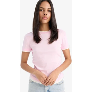 Slim Fit Dar Kesim Bisiklet Yaka Basic Düz Ribana Kısa Kollu Pembe Tişört F3504AX25SM