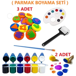 6X25 ml Parmak Boyası, 3 Adet Eva Baskı, Ponpon Fırça, Sünger Rulo, Palet, Fırça Çocuk Boyama Seti