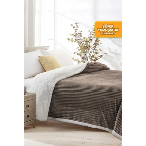 Evlen Home Collection Sherpa Battaniye Tek Kişilik Çizgili Yumuşak Peluş Wellsoft Yatak Örtüsü Kahve