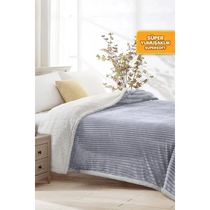 Evlen Home Collection Sherpa Battaniye Tek Kişilik Çizgili Yumuşak Peluş Wellsoft Yatak Örtüsü Gri