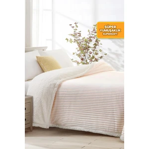 Evlen Home Collection Sherpa Battaniye Tek Kişilik Çizgili Yumuşak Peluş Wellsoft Yatak Örtüsü Krem Kırık Beyaz