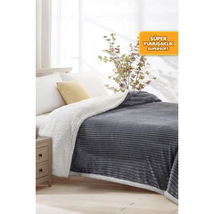 Evlen Home Collection Sherpa Battaniye Tek Kişilik Çizgili Yumuşak Peluş Wellsoft Yatak Örtüsü Antrasit Koyu Gri