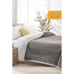 Evlen Home Collection Sherpa Battaniye Tek Kişilik Çizgili Yumuşak Peluş Wellsoft Yatak Örtüsü Vizon
