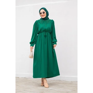 Tesettür Çarşım Yaka Güpür Dantelli Pamuk Elbise-Bej