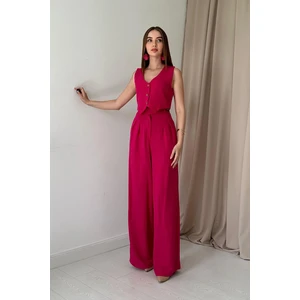 Önü Düğmeli Yelek & Pantolon Takım - Fuşya