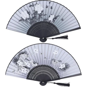 Yelpaze Bambu Serinletici Vintage Siyah Şık Püsküllü Japon Yelpaze 0334-0433 2 Adet