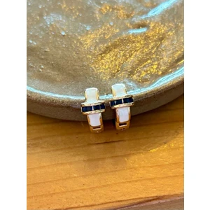 Beyaz Mineli Lacivert Taş Detaylı Şık Kadın Halka Küpe