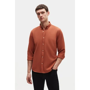 Ds Damat Slim Fit Tarçın Oxford Düğmeli Yaka Kolay Ütülenebilir Nakış Detaylı Pamuklu Gömlek