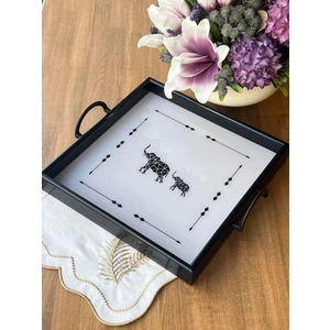 Queen Black Elephant Ahşap Kare Tepsi
