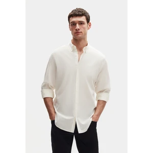 Ds Damat Comfort Ekru Düğmeli Yaka Rahat Kesim Keten Görünümlü %100 Pamuk Gömlek 2HC02ORT64265