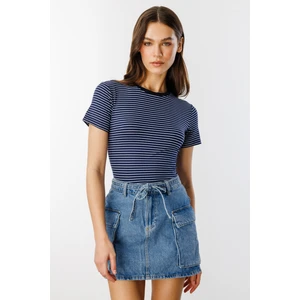 Kadın Çizgili Kısa Kollu T-Shirt Çizgili-T-Shırt