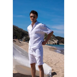 Keten Kumaş Beyaz Renk Cep Detaylı Gömlek Şort Erkek Takım