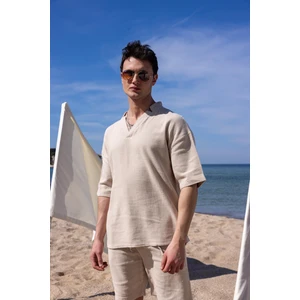 Bej Renk V Yaka Gömlek Şort  Erkek Yıkamalı Keten Takım