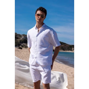 Keten Kumaş Beyaz Renk Cep Detaylı Gömlek Şort Erkek Takım