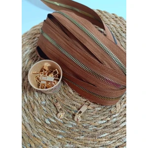 Taba Kahve T6 Altın Diş Kemik Fermuar Altın Başlık - 10 Metre Fermuar - 10 Adet Başlık