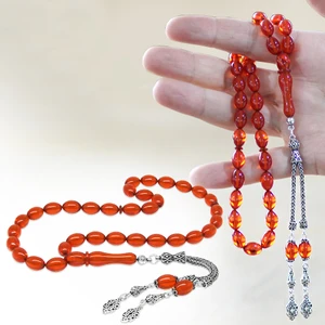 925 Ayar Gümüş Çift Püsküllü Arpa Kesim Amber Kırmızı Ateş Kehribar Tesbih