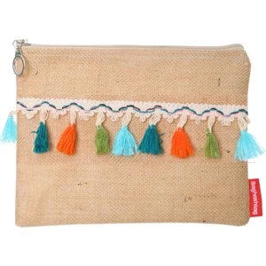 Renkli Pon Pon Püsküllü Jüt Clutch Bez Çanta
