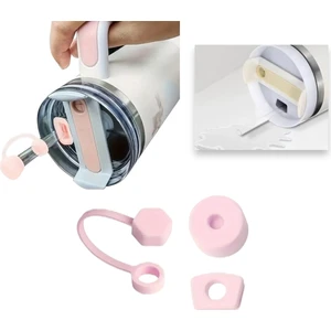 Quencher Ve Yeni Nesil Pipetli Termos Uyumlu 3 Parça Sızdırmaz Koruyucu Aksesuar Silikon Set (Pembe)