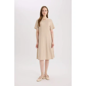 Regular Fit Apaş Yaka Basic Düz Bürümcük Kısa Kollu Midi Yazlık Elbise D3834AX25SM