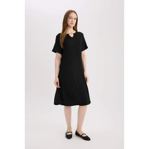 Regular Fit Apaş Yaka Basic Düz Bürümcük Kısa Kollu Midi Yazlık Elbise D3834AX25SM