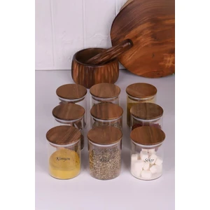 Akasya Kapaklı Borosilikat Cam Baharatlık Saklama Kavanozu 200 ml 9'lu + Etiket Hediyeli