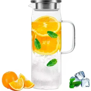 Retro Cam Sürahi Kulplu Çelik Kapaklı Soğuk Sıcak Kokteyl Meşrubat Borosilikat Cam Sürahisi 1500 ml