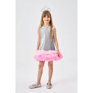 Gümüş  Etek Ucu Tüllü Pullu Kız Çocuk Elbise - Evie