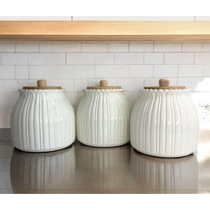 Kitchen Pembelia 3'lü Papatya Desenli Bambu Kapaklı Porselen Çay,şeker,tuz,kahve Saklama Kabı Kavanoz Seti