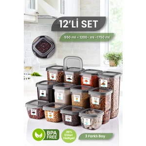 12'li Set Etiketli Kare Erzak Saklama Kabı - Bakliyat Saklama Kutusu Baharatlık 4X(550-1200-1750 Ml)