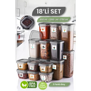 MYBOX 18'li Set Etiketli Kare Erzak Saklama Kabı - Bakliyat Saklama Kutusu Baharatlık 6x(550-1200-1750 ML)