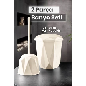 2 Parça Vanity Klik Kapaklı Banyo Seti - Dekoratif Banyo Düzenleyici Çöp Kovası Wc Klozet Fırça Seti