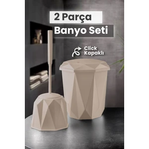 2 Parça Vanity Klik Kapaklı Banyo Seti - Dekoratif Banyo Düzenleyici Çöp Kovası Wc Klozet Fırça Seti