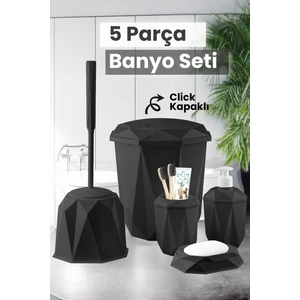 5 Parça Vanity Klik Kapaklı Banyo Seti - Dekoratif Çöp Kovası Diş Fırçalık Sabunluk Fırça Seti
