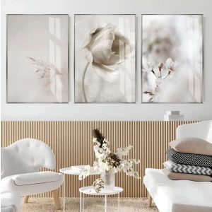 soft| Bitki Çiçek Kombini (Elegant) |çerçeveli Cam Tablo 3lü Dikey